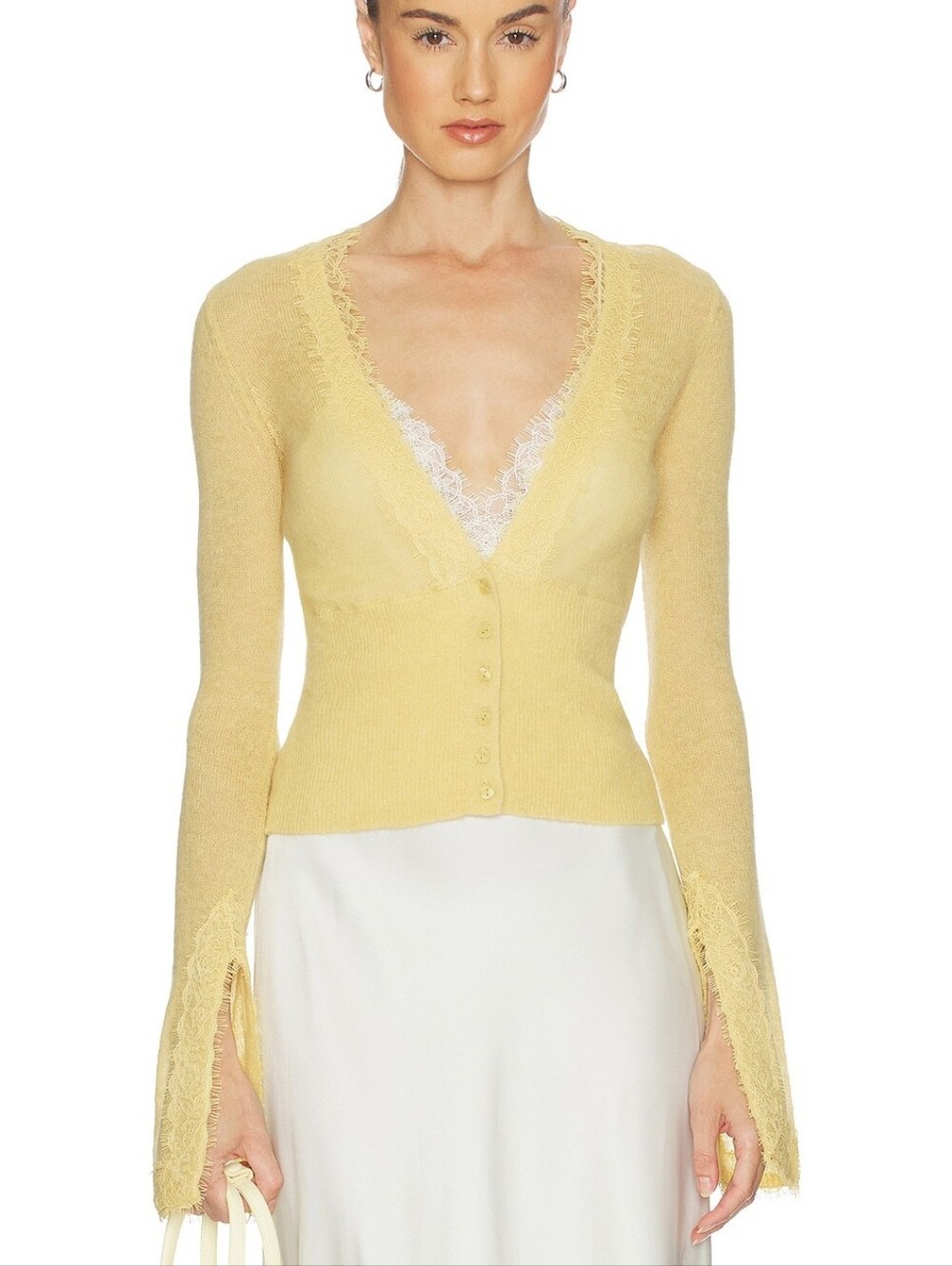 Helsa Bridgitte Lace Trim Cardigan in Yellow